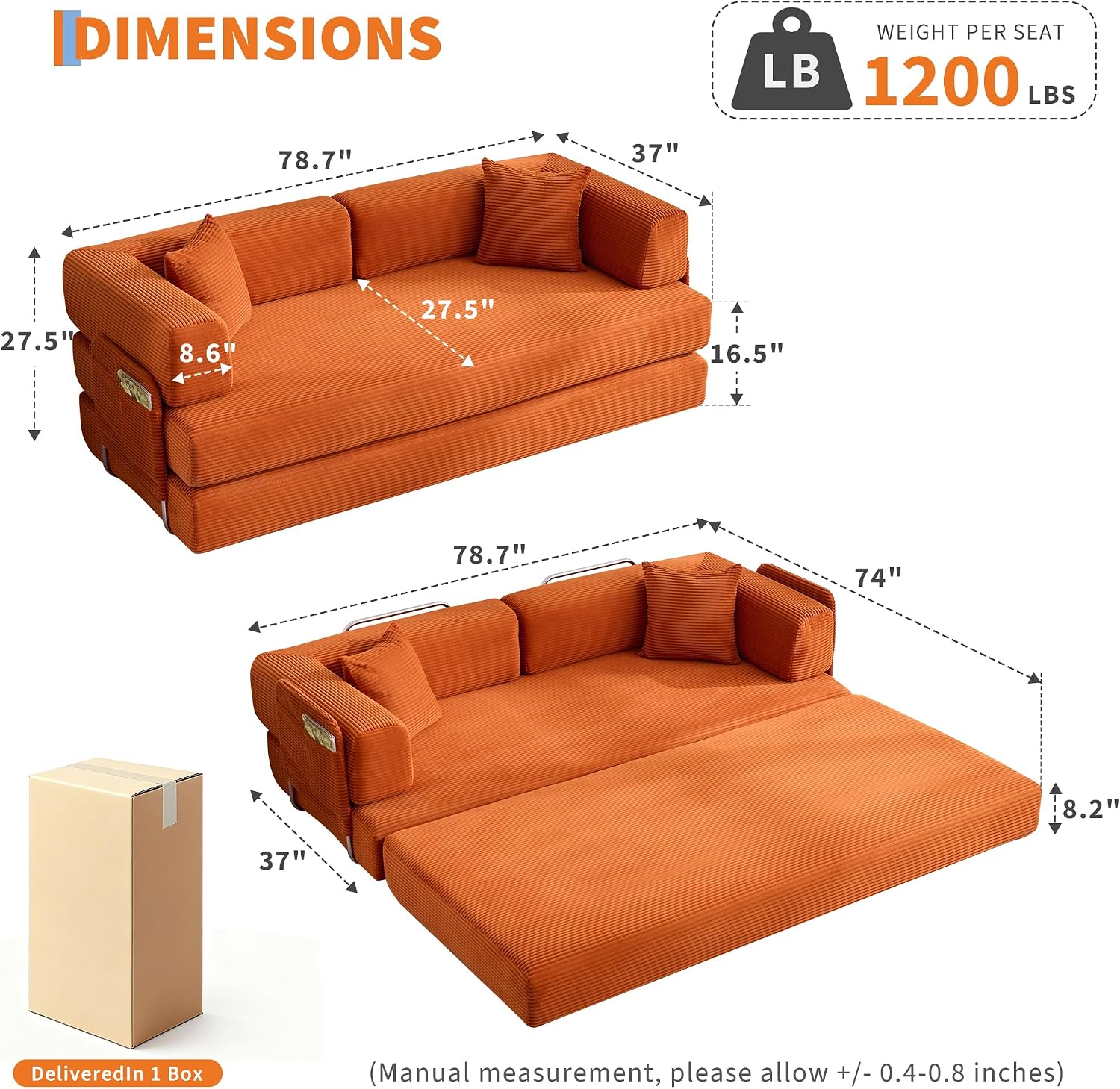 Garvee 5-in-1 Convertible Sofa Bed, 78.8' Modular Corduroy Sleeper with Sturdy Frame & No Assembly, Multi-Functional Futon for Small Space, Living Room & Guest Room (Green) (Orange)