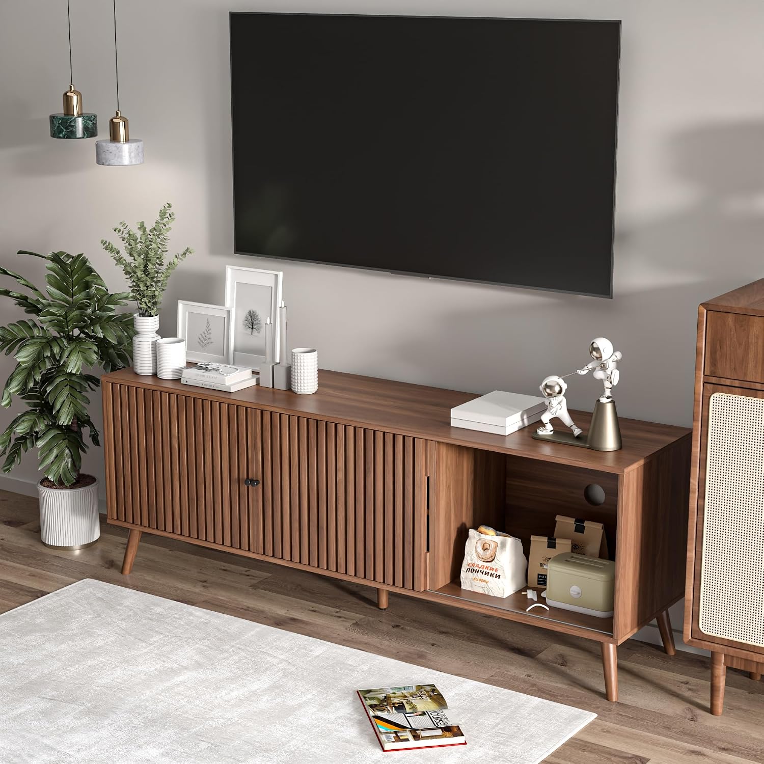 Oubayajia Mid Century Modern TV Stand for Televisions up to 70 Inches, with Sliding Doors and Storage, Television Stands, TV Consoles, Media Consoles for Living Room, 63 Inch (Walnut)