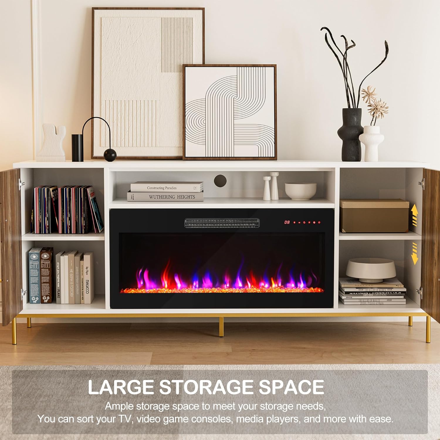 BELLEZE 68' Wood TV Stand with 36' Electric Fireplace, Entertainment Center with Storage Cabinet, Console Table for TVs up to 75 Inches, for Living Room, Bedroom - Harper (White Ebony)