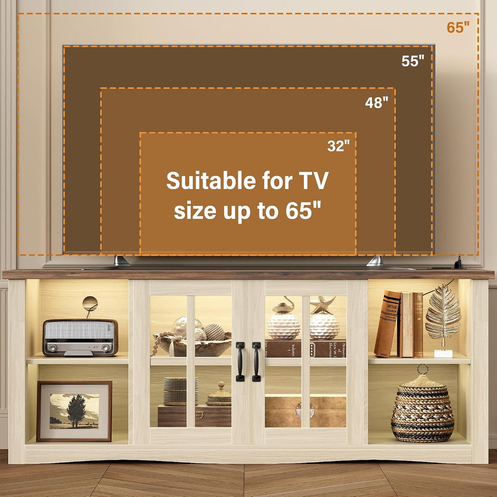 YESHOMY Farmhouse LED TV Stand with Power Outlet, for Televisions up to 65 Inches, Wood Entertainment Center with Glass Door Storage Cabinet, TV Console for Living Room, Oak