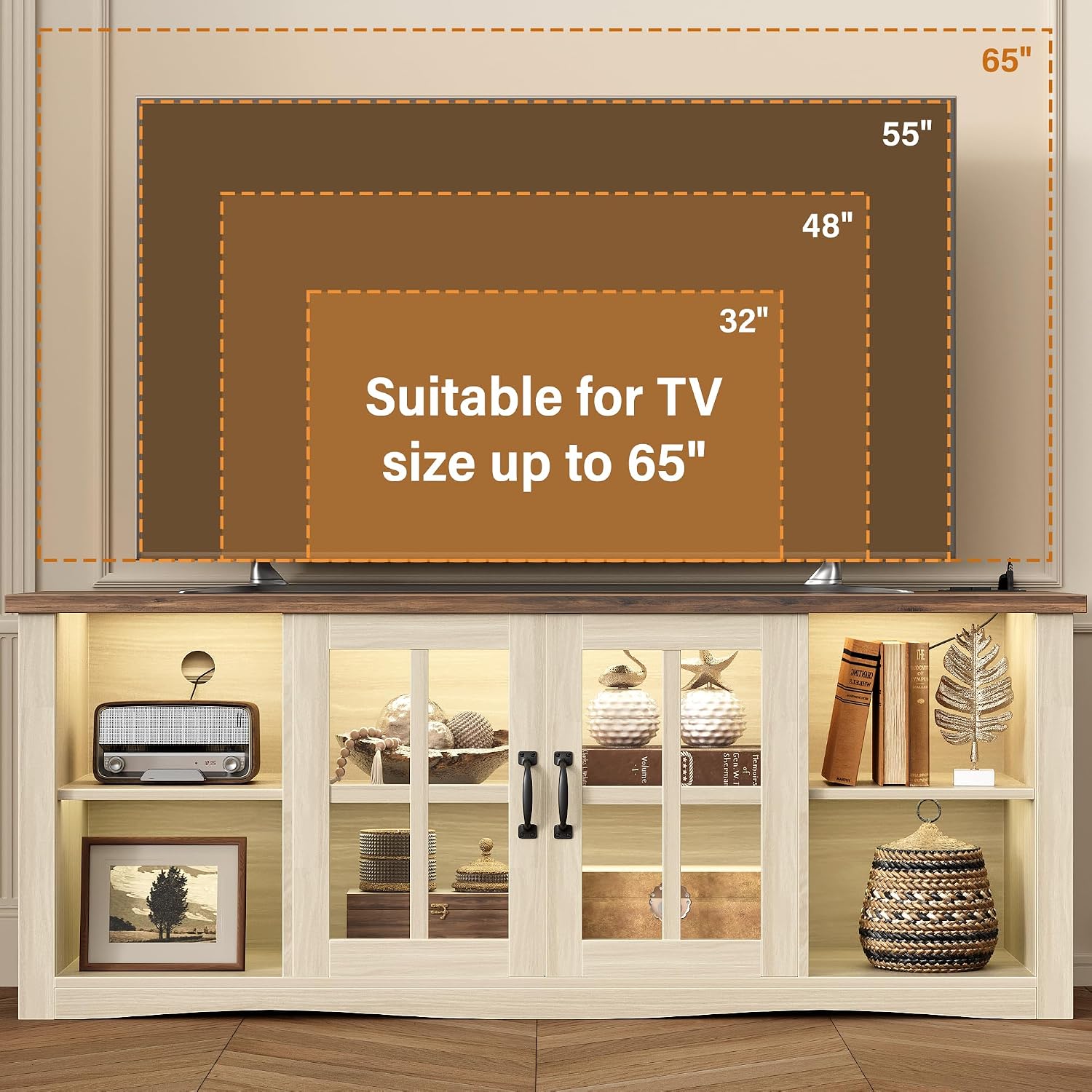 YESHOMY Farmhouse LED TV Stand with Power Outlet, for Televisions up to 65 Inches, Wood Entertainment Center with Glass Door Storage Cabinet, TV Console for Living Room, Oak