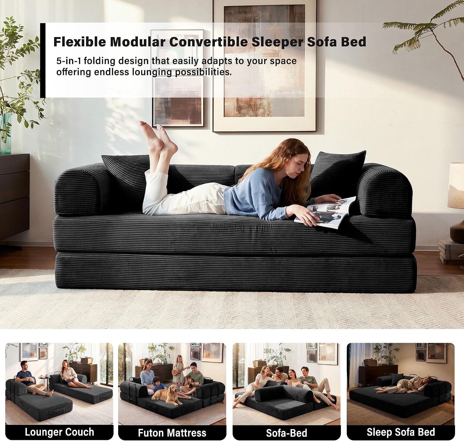 79' Convertible Sofa Bed, 5-in-1 Corduroy Boneless Couch Bed Sofa Pull Out, Memory Foam Couch, No Assembly Futon Couches for Living Room (Black)