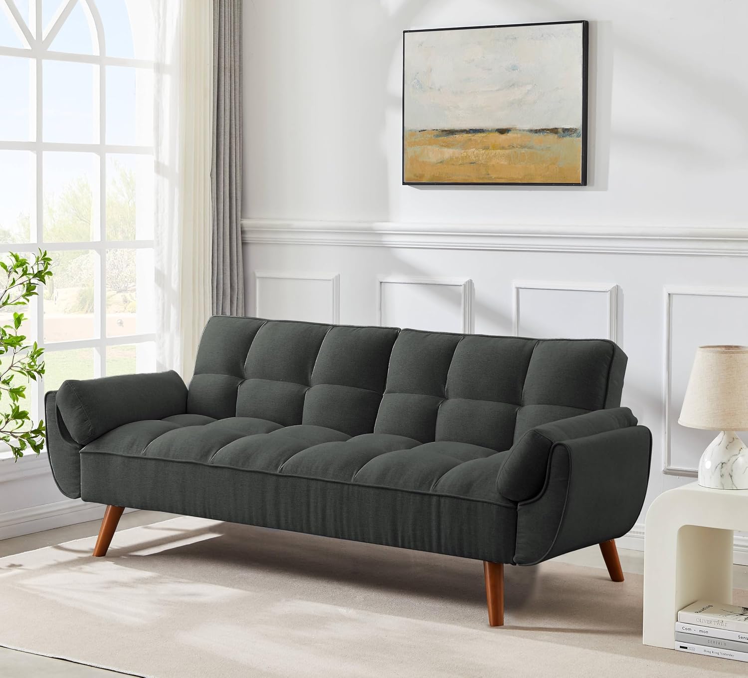 Convertible Futon Sofa Bed, Modern Futon Couch with 2 Pillows, Small Futons Couch with Adjustable Armrest & Backrest, Loveseat Sofa Bed for Living Room, Bedroom, Dark Gray