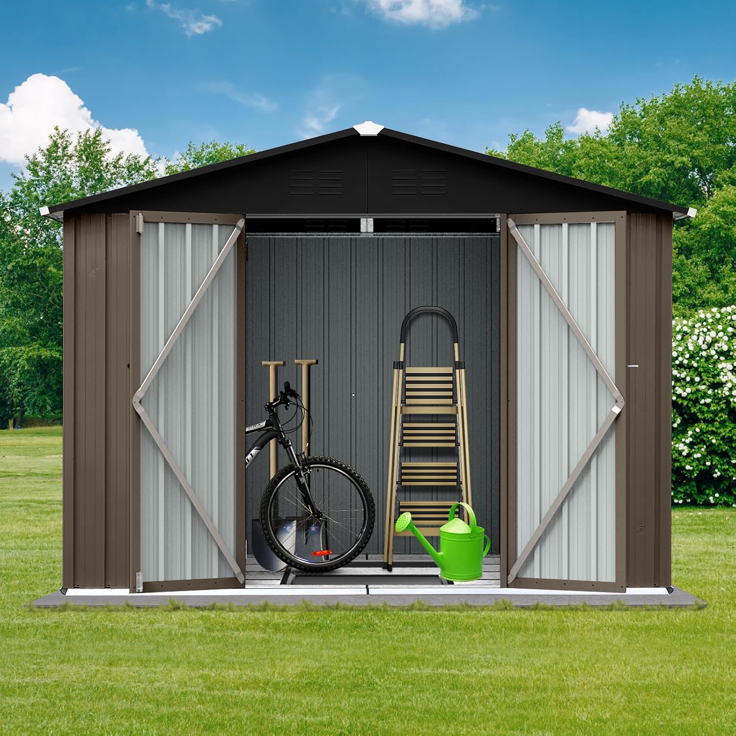 6x8 FT Garden Metal Sheds with Waterproof Roofs and Lockable Doors,Outdoor Storage Tool House W/Punched Vents,Backyard Office Shed,for Bike,Barbeque,Brown + Black