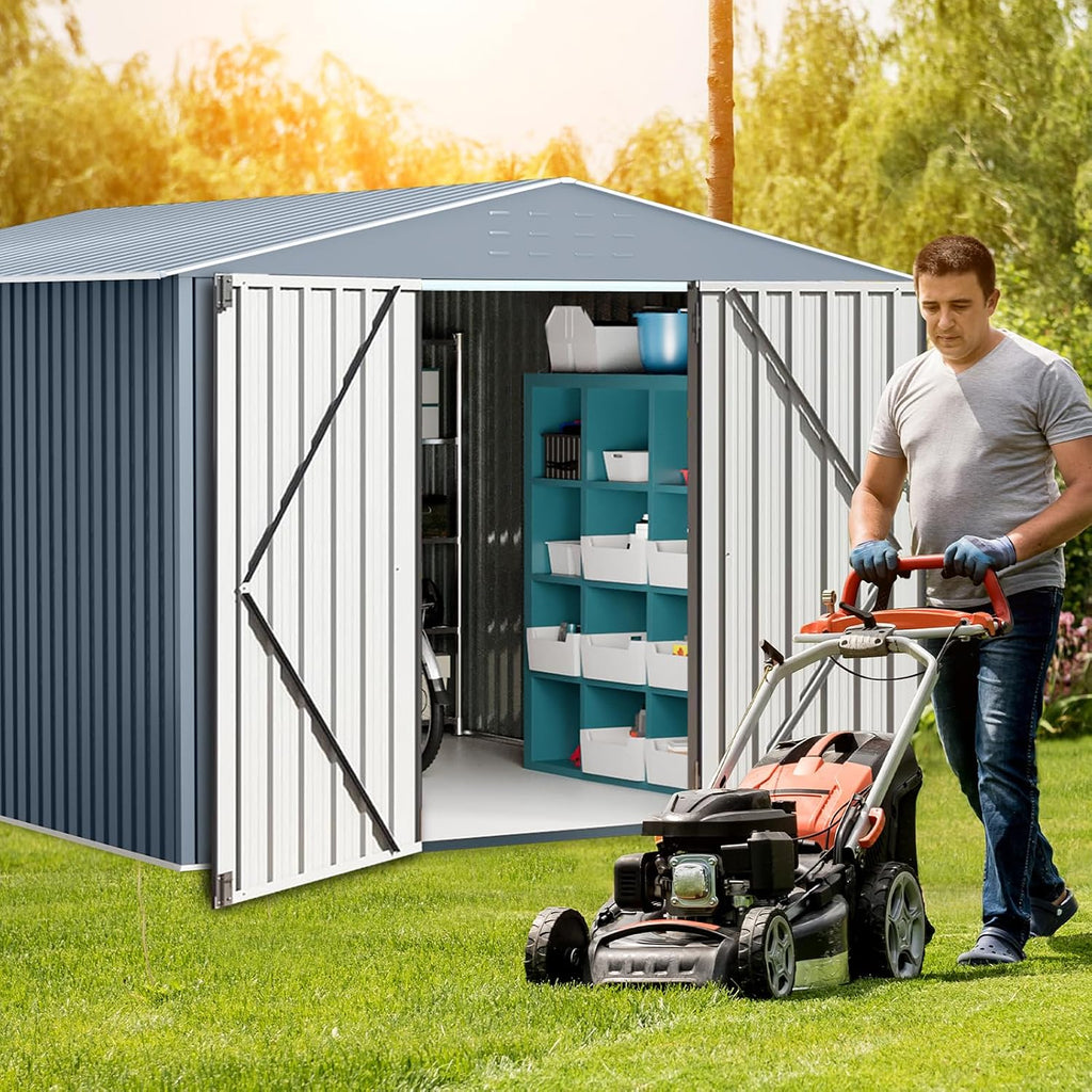 8x12 FT Outdoor Metal Storage Shed, Large Metal Storage Sheds with Sturdy Frame Structure, Garden Tool Shed with Lockable Door for Garden, Lawn, Backyard, Gray