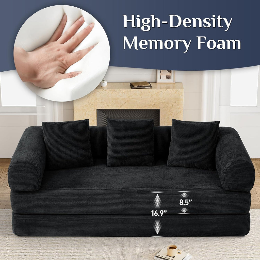 DAMAIFROM Convertible Sleeper Sofa Bed with Cylindrical Pillow,Corduroy Folding Mattress Couch with Fixed-Shape Frame,Modular Floor Sofa Lounge Couch for Living Room Bedroom Lounge,80',Black