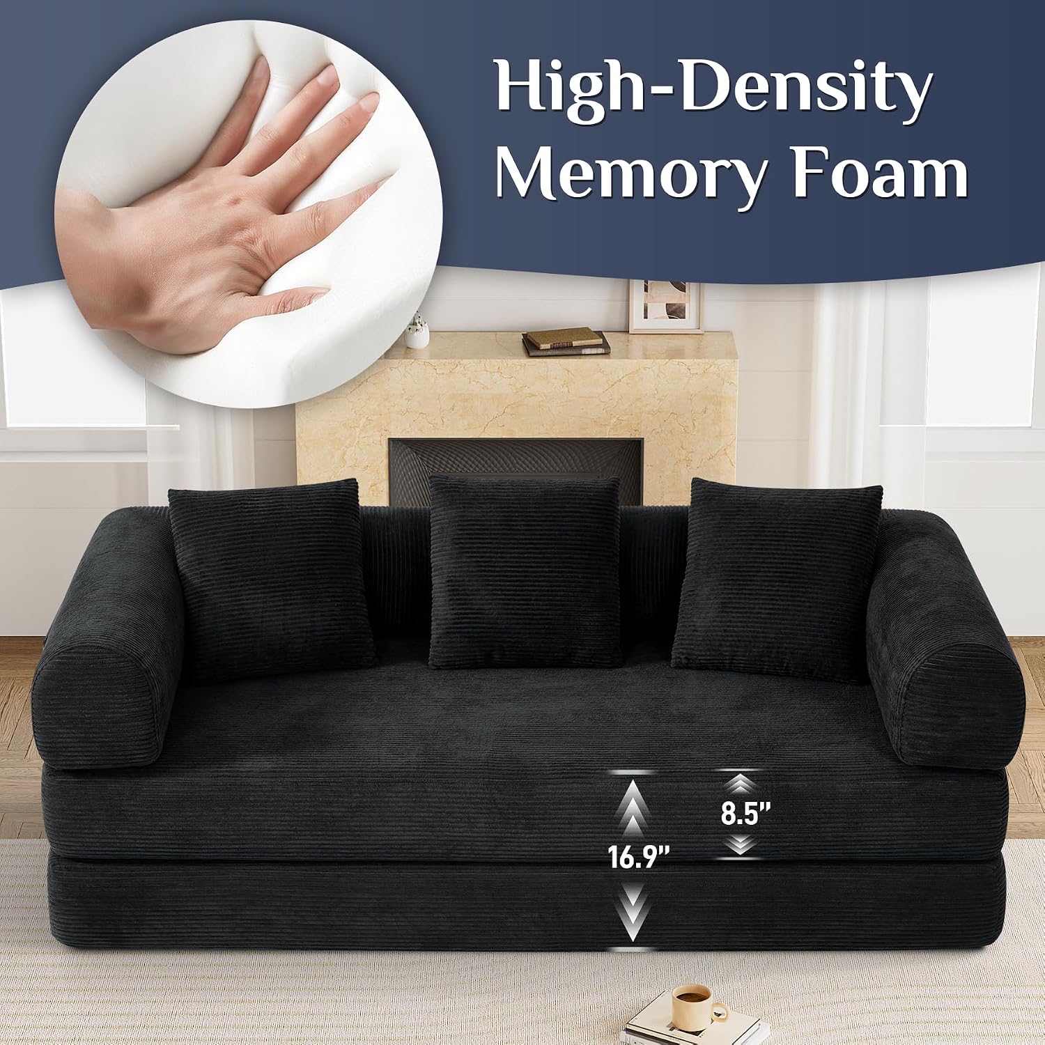 DAMAIFROM Convertible Sleeper Sofa Bed with Cylindrical Pillow,Corduroy Folding Mattress Couch with Fixed-Shape Frame,Modular Floor Sofa Lounge Couch for Living Room Bedroom Lounge,80',Black
