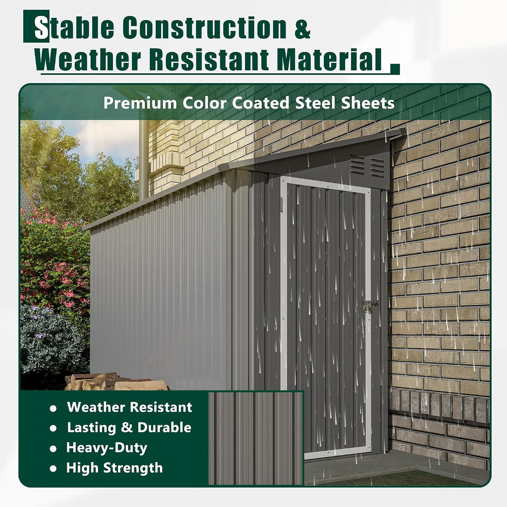 YOPTO 4×8 FT Lean to Metal Shed,Outdoor Heavy-Duty Storage Shed with Floor Base,All Weather Waterproof Garden Tool House W/Lockable Door&2 Air Vents,Reversible Door Design,for Backyard,Patio,Lawn,Gray
