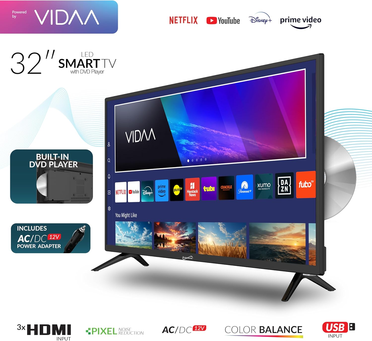 Supersonic SC-3226SDVD 32-inch LED Smart HDTV w/DVD Player, ATSC & NTSC System, 3X HDMI, 1080p, WiFi, USB, Multi Language OSD, AC/DC Compatible for Home, Kitchen, or RV Camper, DC Car Cord Included