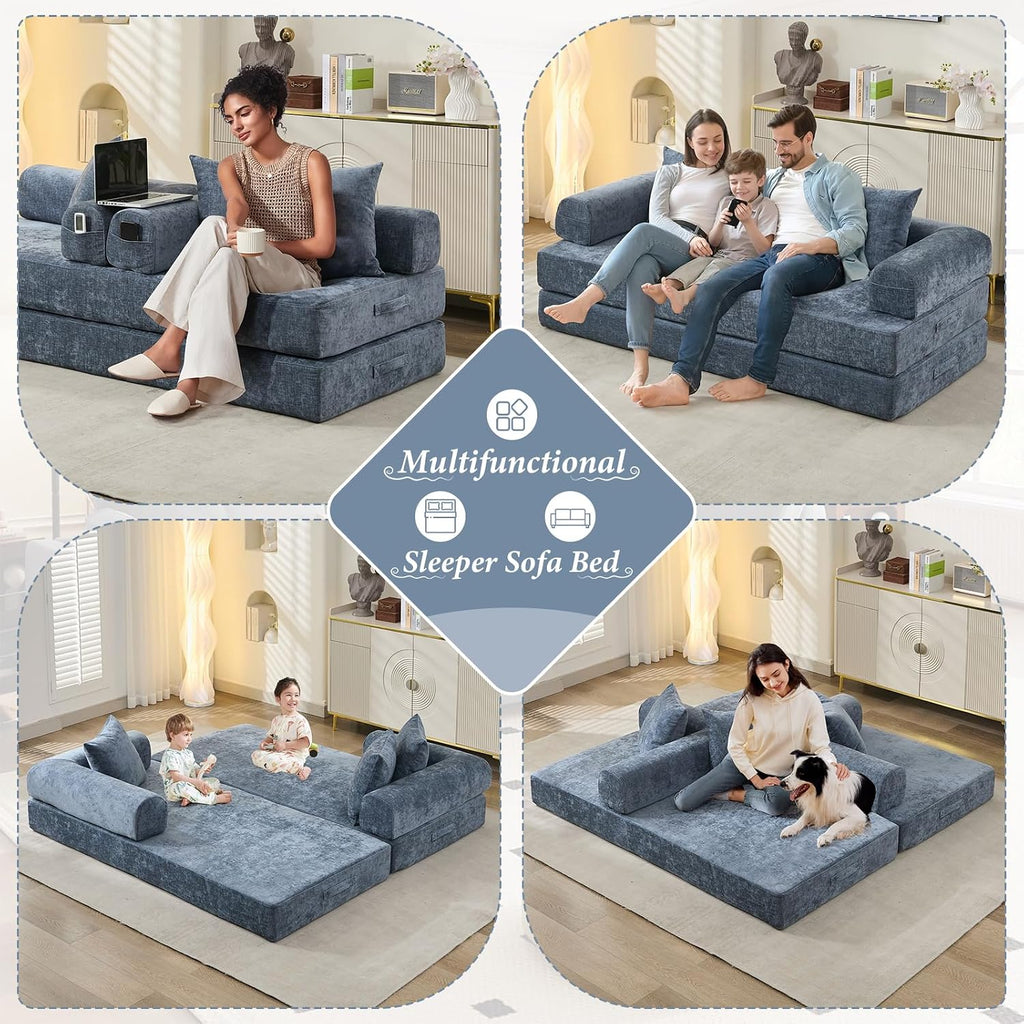 Futon Sofa Bed, Modular Convertible Folding 3 Seater Chenille Foam Floor Loveseat Sleeper Sofa Couch with 3 Pillows, No Assembly Compressed Boneless Couch, for Living Room Bedroom Guest Room, Blue