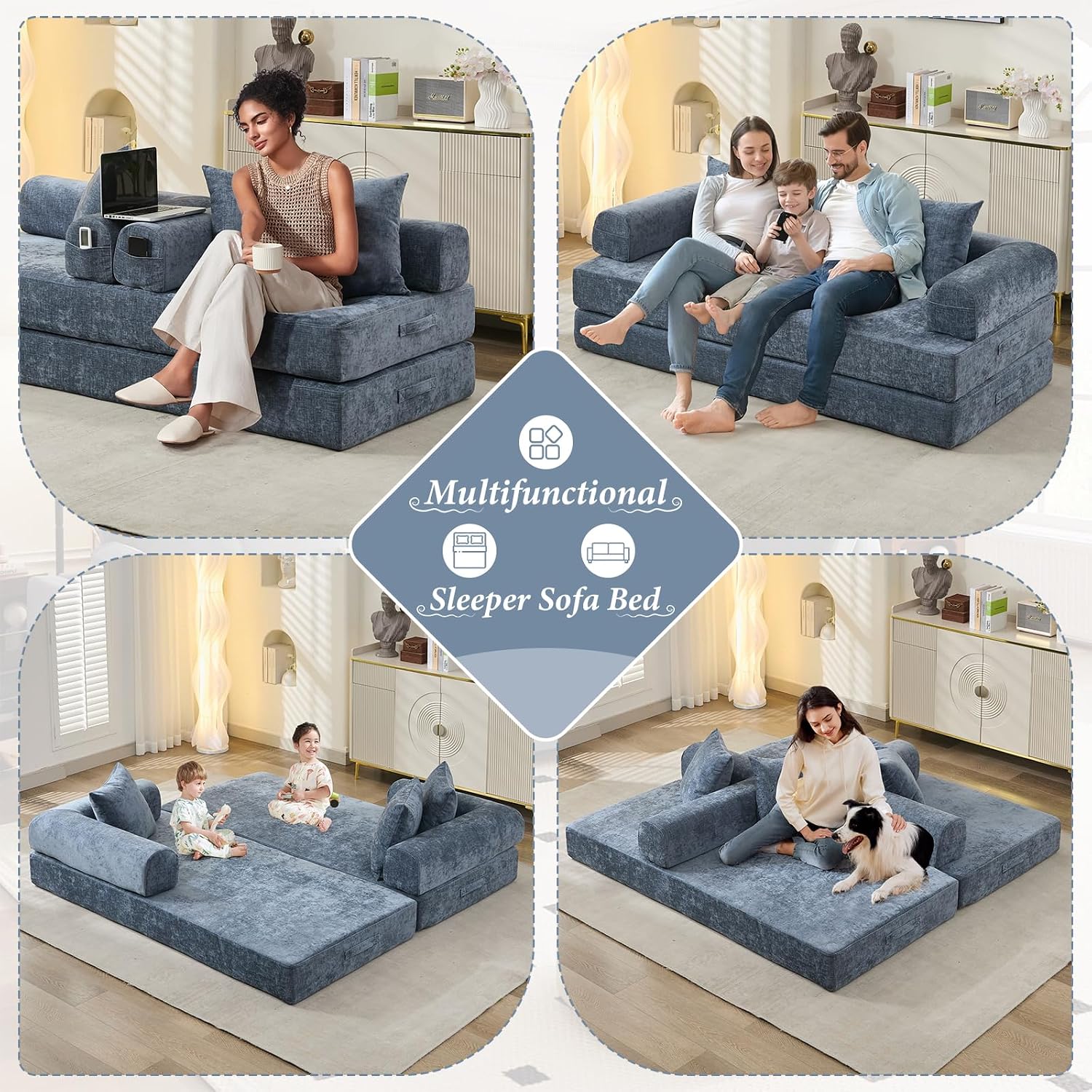 Futon Sofa Bed, Modular Convertible Folding 3 Seater Chenille Foam Floor Loveseat Sleeper Sofa Couch with 3 Pillows, No Assembly Compressed Boneless Couch, for Living Room Bedroom Guest Room, Blue