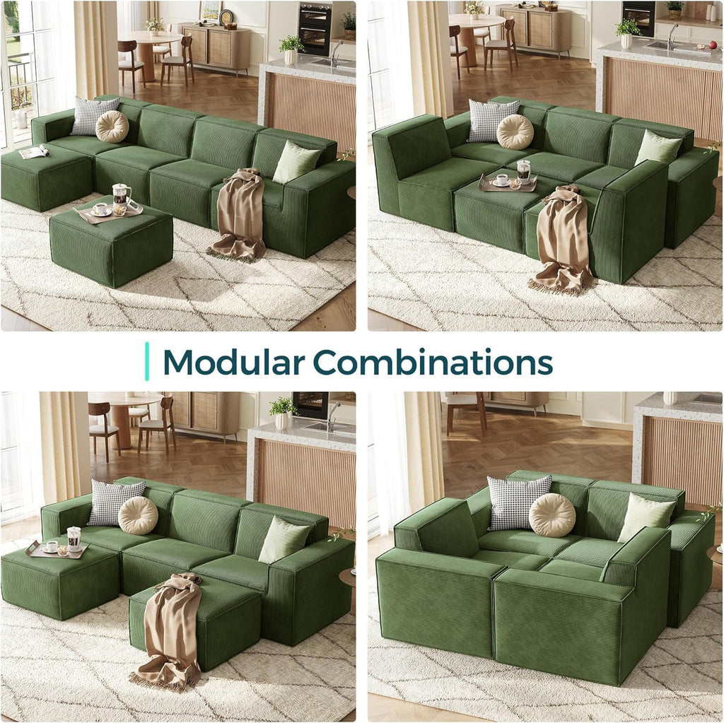 LINSY HOME Modular Sectional Sofa, 105' Boneless Couch U Shaped 3-Seat Sofa with 2 Ottomans, Corduroy Sectional Cloud Couches for Living Room, No Assembly Required(Green)