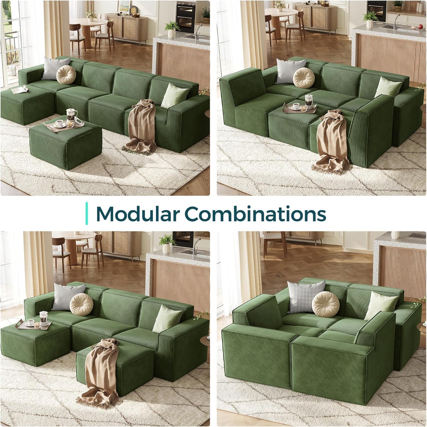 LINSY HOME Modular Sectional Sofa, 105' Boneless Couch U Shaped 3-Seat Sofa with 2 Ottomans, Corduroy Sectional Cloud Couches for Living Room, No Assembly Required(Green)