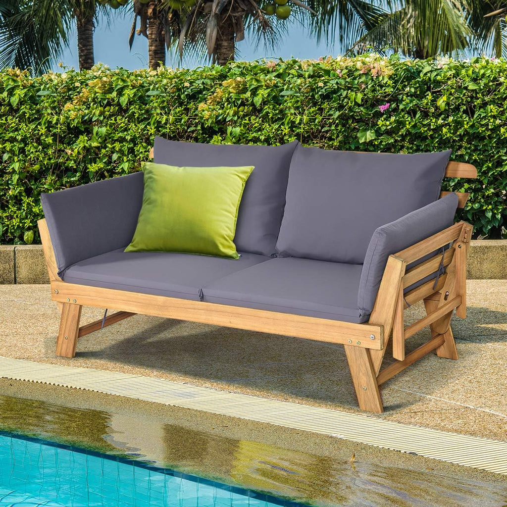 Tangkula Convertible Acacia Wood Patio Couch Sofa Bed with Adjustable Armrest, Outdoor Daybed with Cushion & Pillows, Outside Folding Futon Sofa Couch Bench for Porch, Courtyard, Poolside & Garden
