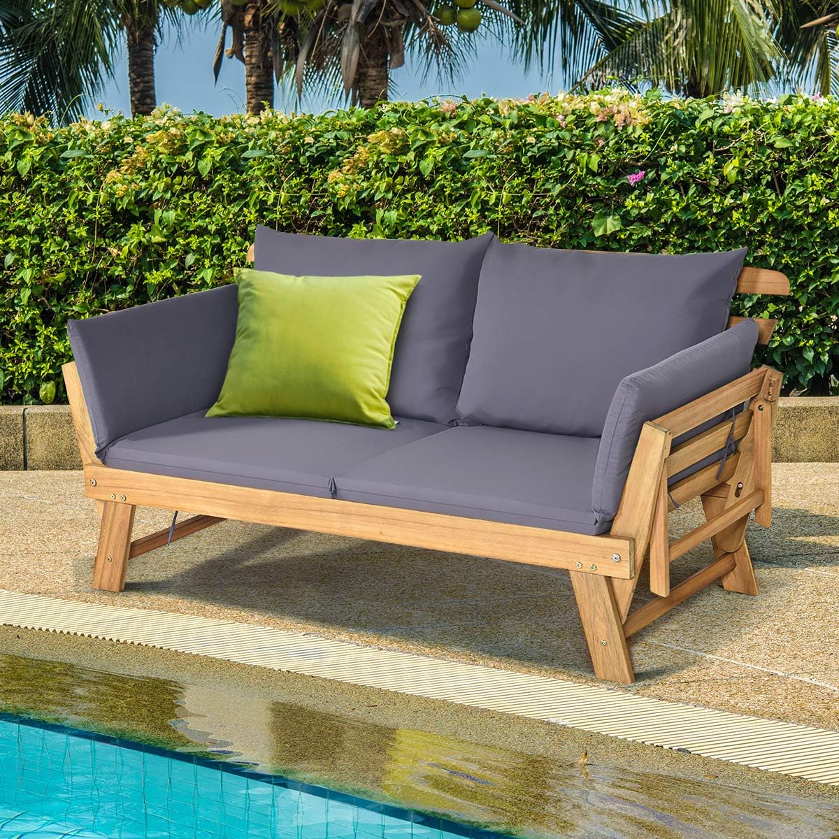 Tangkula Convertible Acacia Wood Patio Couch Sofa Bed with Adjustable Armrest, Outdoor Daybed with Cushion & Pillows, Outside Folding Futon Sofa Couch Bench for Porch, Courtyard, Poolside & Garden
