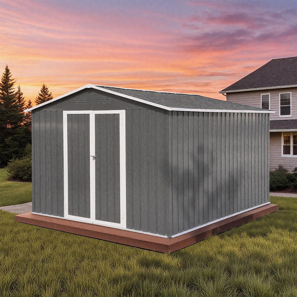 10 x 8 FT Outdoor Storage Shed, Metal Garden Tool Shed with Slooping Roof, Lockable Doors and Aluminum Frames, Easy to Assemble for Garden, Patio, Lawn, Grey