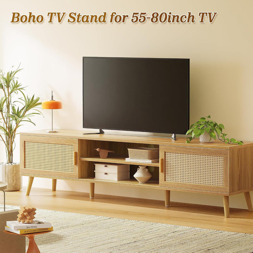 SUPERJARE 70.9 Inch Boho TV Stand for 75 Inch TV, Entertainment Center with Adjustable Shelf, Rattan TV Console with 2 Cabinets, Media Console, Solid Wood Feet, 4 Cord Holes, for Living Room, Natural