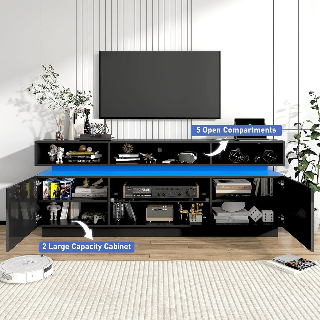 chartustriable LED TV Stand for 75 Inch TV, Modern Tall Entertainment Center with Power Outlets, High Gloss TV Stand, Gaming TV Media Console with Glass Shelf for Living Room, 63 Inch, Black