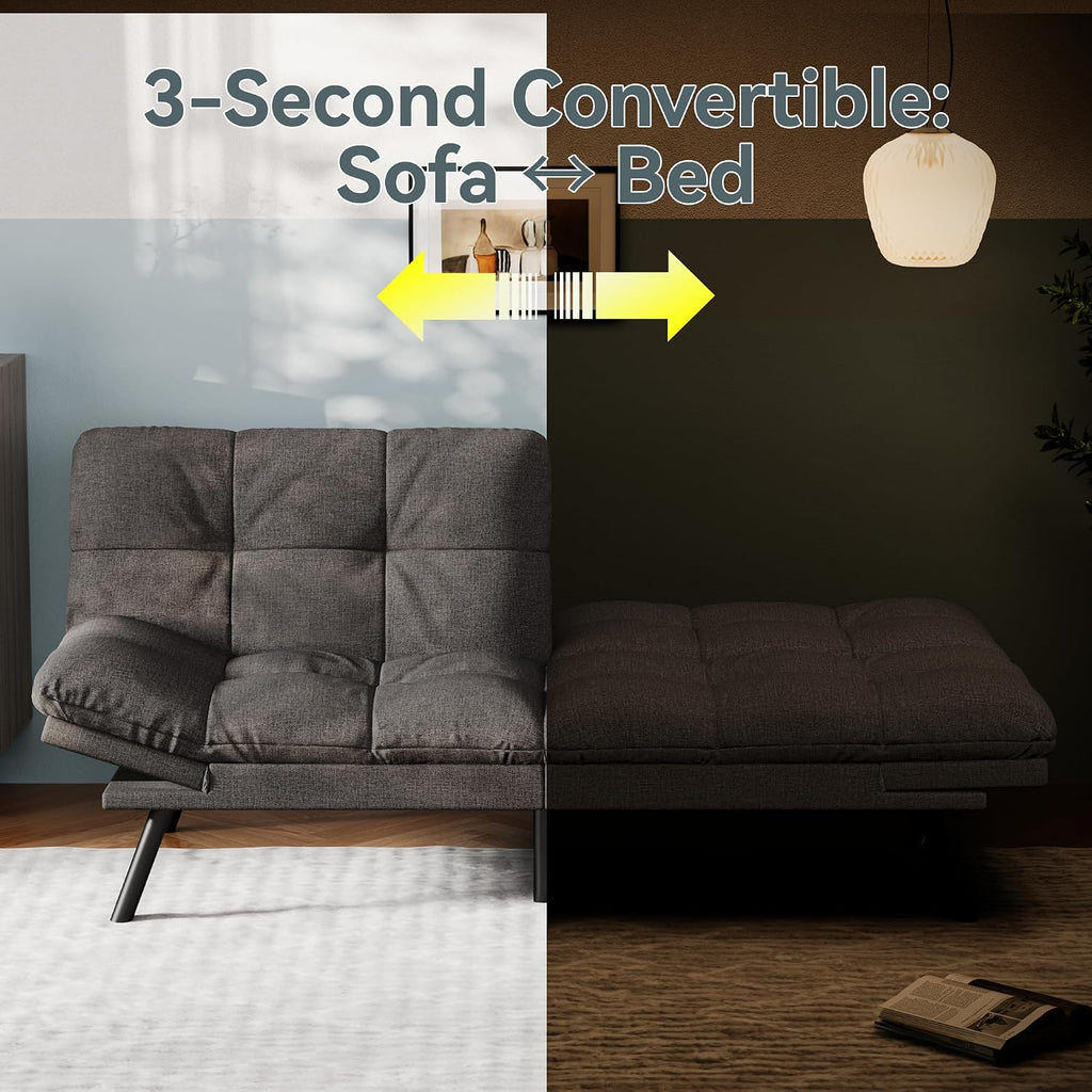 Vyfipt Convertible Futon Sofa Bed, Grey Linen Futon Couch with Adjustable Backrest & Armrests, Folding Small Recliner Sleeper Sofa Bed for Living Room, Apartment, Office