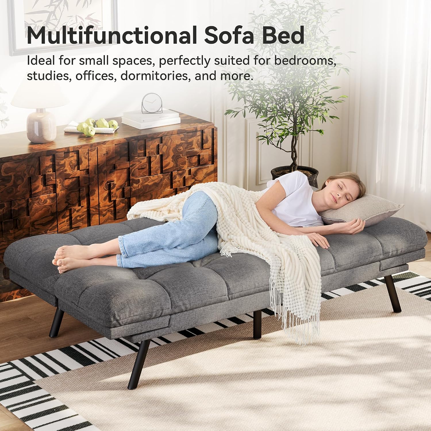 Vipbear Convertible Futon Sofa Bed,Grey Linen Fabric Futon Couch with Detachable Cushion,Adjustable Backrest & Armrest,Modern Loveseat Sleeper Recliner for Living Room,Office,Apartment