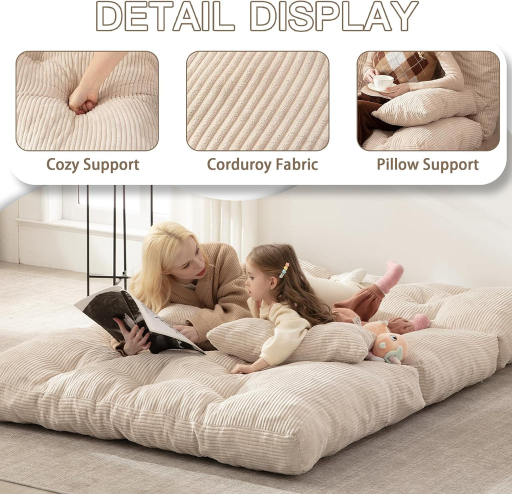 Folding Sofa Bed, Convertible Sleeper Chair with Pillow Foldable Mattress with Back Support, Portable Fold Out Chair Bed Comfy Floor Sofa Lounge for Living Room Bedroom, Beige Full 80x54 Inch
