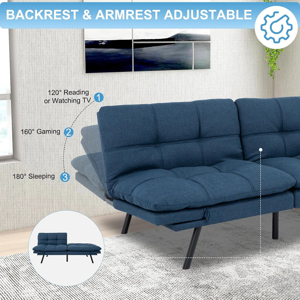 MUUEGM Futon Sofa Bed Couch Sofa, Memory Foam Futon Sleeper Sofa Loveseat Convertible Couch Bed for Small Compact Spaces, Apartment, Blue.