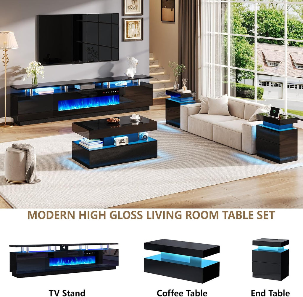 AMERLIFE 90' High Gloss 2 Tier TV Stand with 50' Electric Fireplace, Modern Luxury Large Entertainment Center/w LED Lights, Media Console Table Storage Cabinet for TVs Up to 100', Living Room, Black