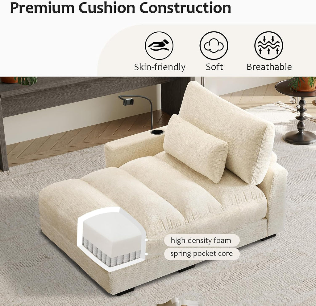 Yoglad Oversized Recliner Lounge Chair with USB Charging & Phone Holder - 400lb Heavy Duty Soft Chenille Reading Chair for Adults, Perfect for Small Spaces in Bedroom/Living Room, Beige