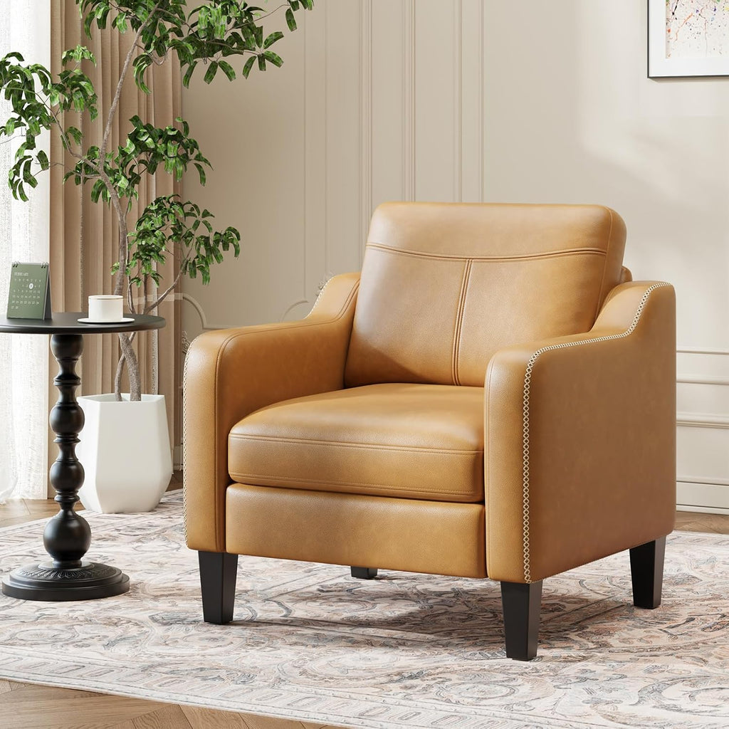 MALOL PU Leather Accent Chair, Mid-Century Modern Living Room Armchair Sofa with Removable Cushions, Solid Wood Frame & Stitched Armrest Design, Bedroom Chair with Plastic Legs, Brown