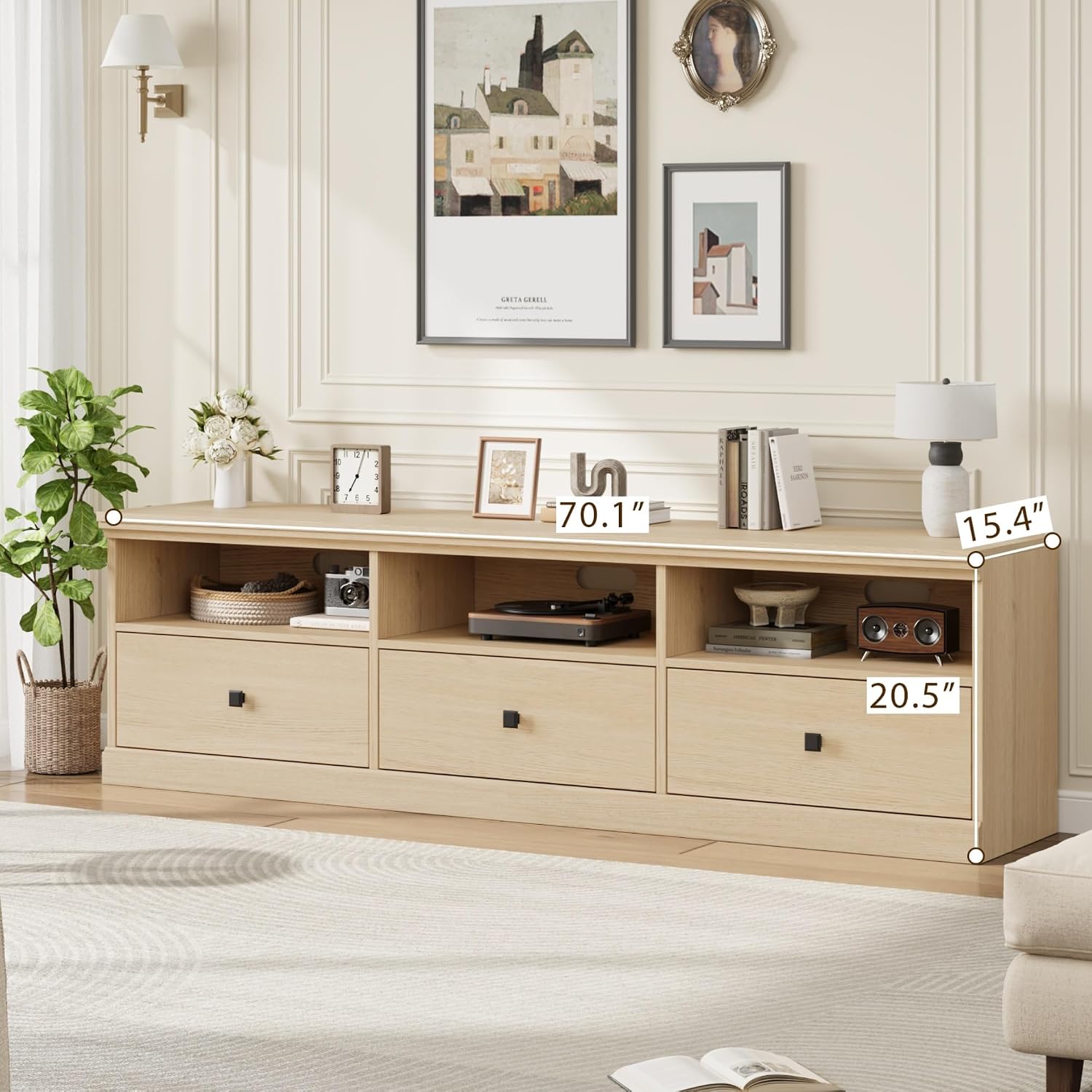 IDEALHOUSE 70in TV Stand for TVs up to 80', Mid Century Modern Entertainment Center with Storage Drawer and Open Shelves, TV Console Media Cabinet for Living Room, Bedroom, Light Oak