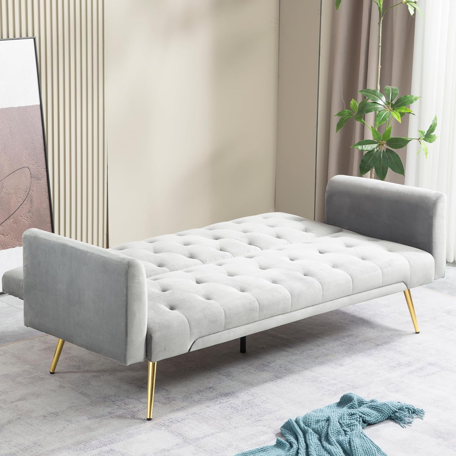 71.65'' Convertible Sofa Bed Modern Futon Set, Velvet Foldable Reclining Loveseat, Three Adjustment Angles,Mid Century Modern Couches for Living Room/Bedroom/Apartment, Easy Assembly,Grey