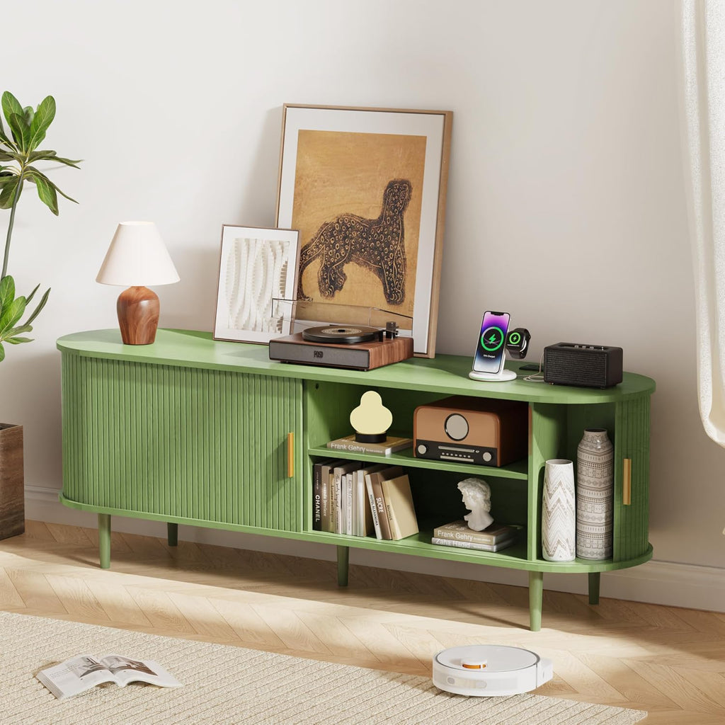 DHH 63 Inch Mid Century Modern TV Stand with Power Outlet for TVs up to 70 Inch, Entertainment Center with Storage and Adjustable Shelves, Media Console with Sliding Doors for Living Room(Green)