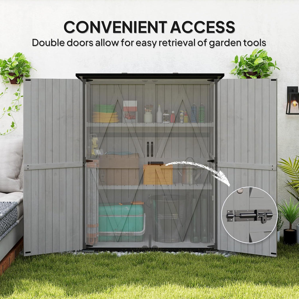 Outsunny Outdoor Storage Cabinet, Wood Garden Tool Shed with Steel Frame and Asphalt Roof, Garden Storage Shed with 2 Shelves, Lockable Doors and Adjustable Feet for Patio Backyard Lawn, Gray