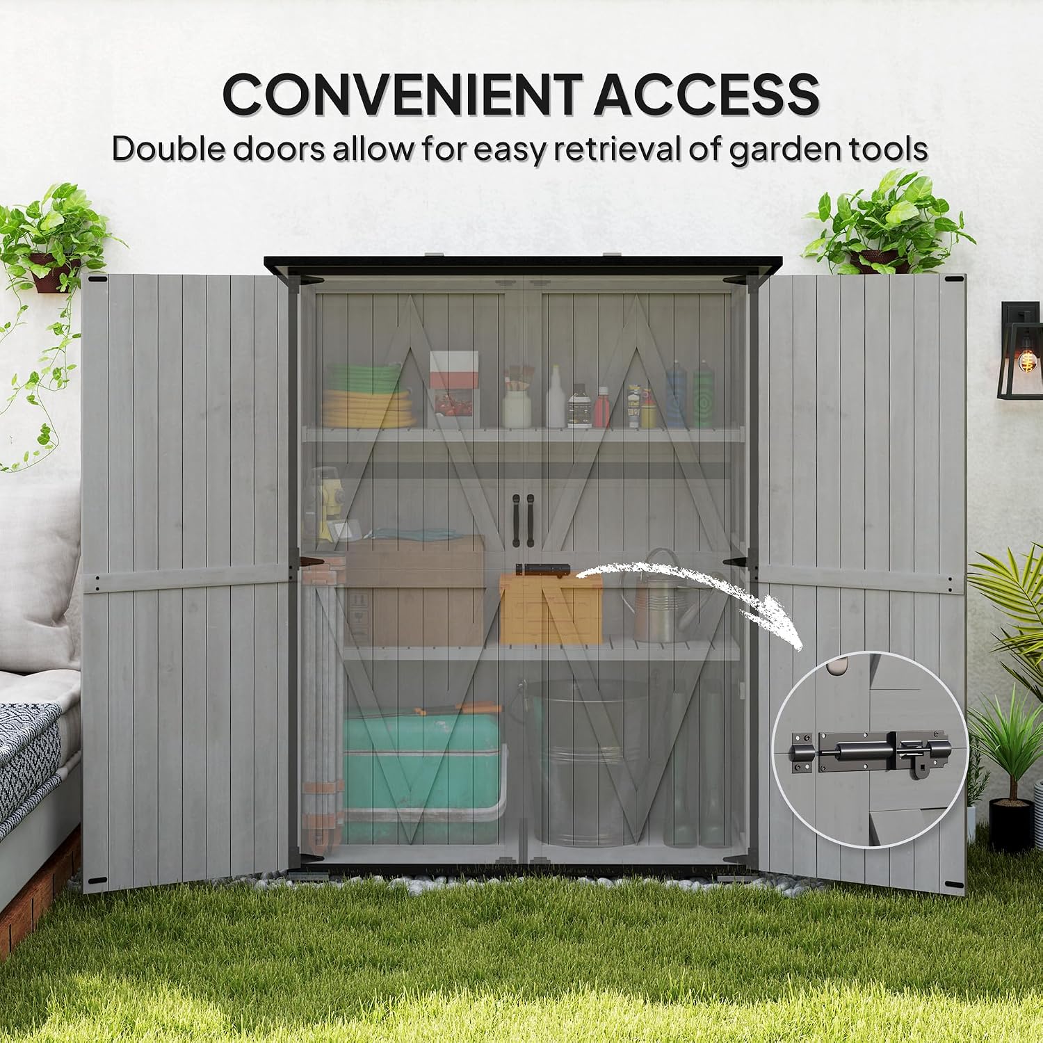 Outsunny Outdoor Storage Cabinet, Wood Garden Tool Shed with Steel Frame and Asphalt Roof, Garden Storage Shed with 2 Shelves, Lockable Doors and Adjustable Feet for Patio Backyard Lawn, Gray