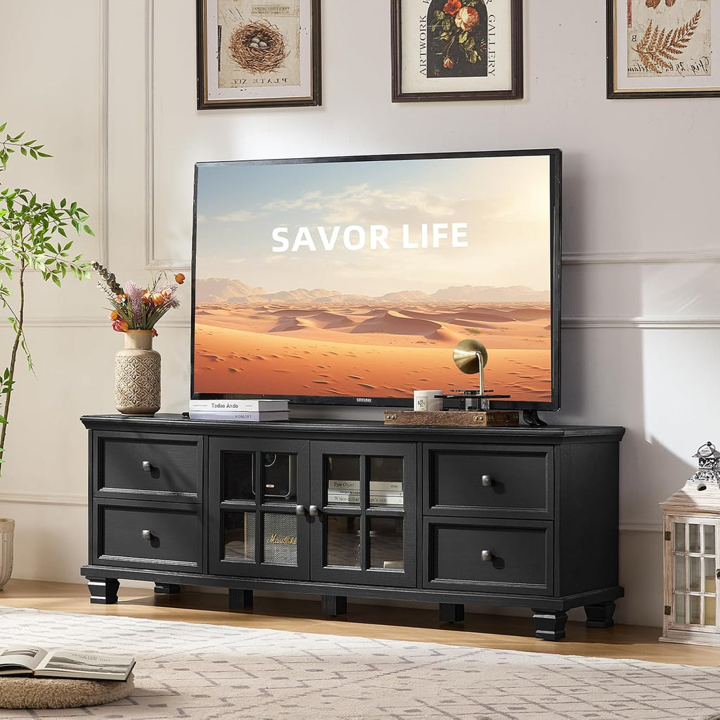 SAVOR LIFE Farmhouse TV Stand for Living Room, Rustic Black Entertainment Center with Storage Cabinet,Wood TV Console with 4 Drawers,Modern TV Stands for Bedroom,Black