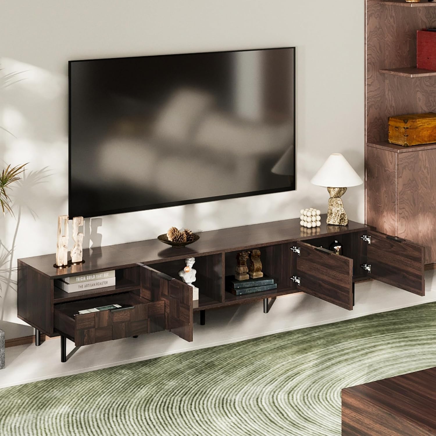 Merax 78' TV Stand for TVs Up to 85', Modern Entertainment Center with Drawer, 3 Doors, and Open Space, Media Console with Unique Mosaic Front Design for Living Room