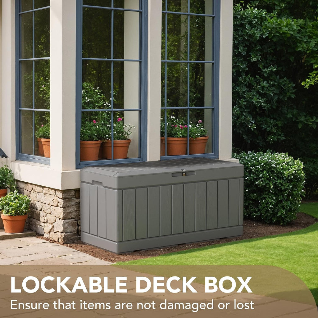 Devoko 85 Gallon Deck Box Lockable Resin Outdoor Storage Box waterproof Outdoor Container for Patio Furniture Cushions, Pillow (Grey)