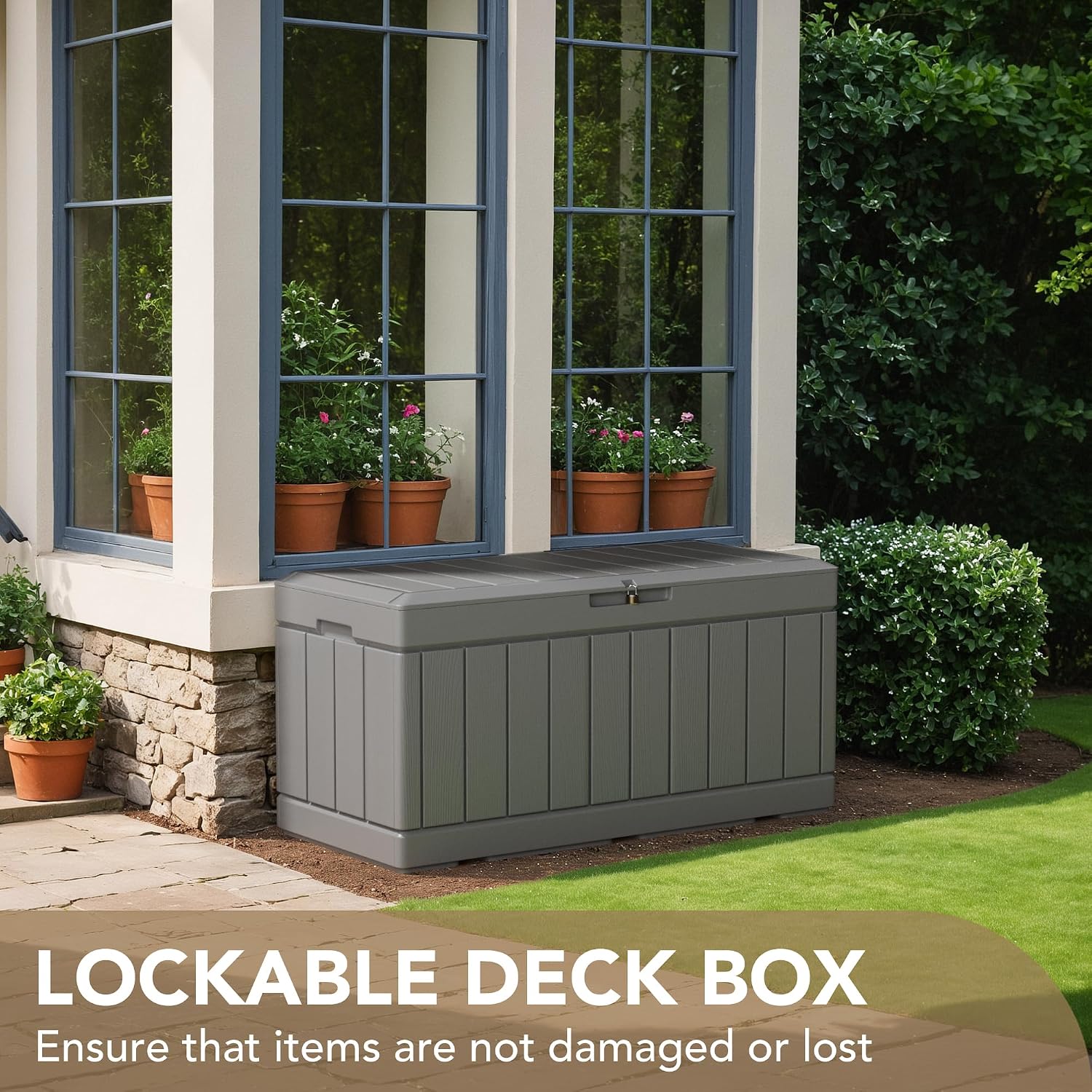 Devoko 85 Gallon Deck Box Lockable Resin Outdoor Storage Box waterproof Outdoor Container for Patio Furniture Cushions, Pillow (Grey)