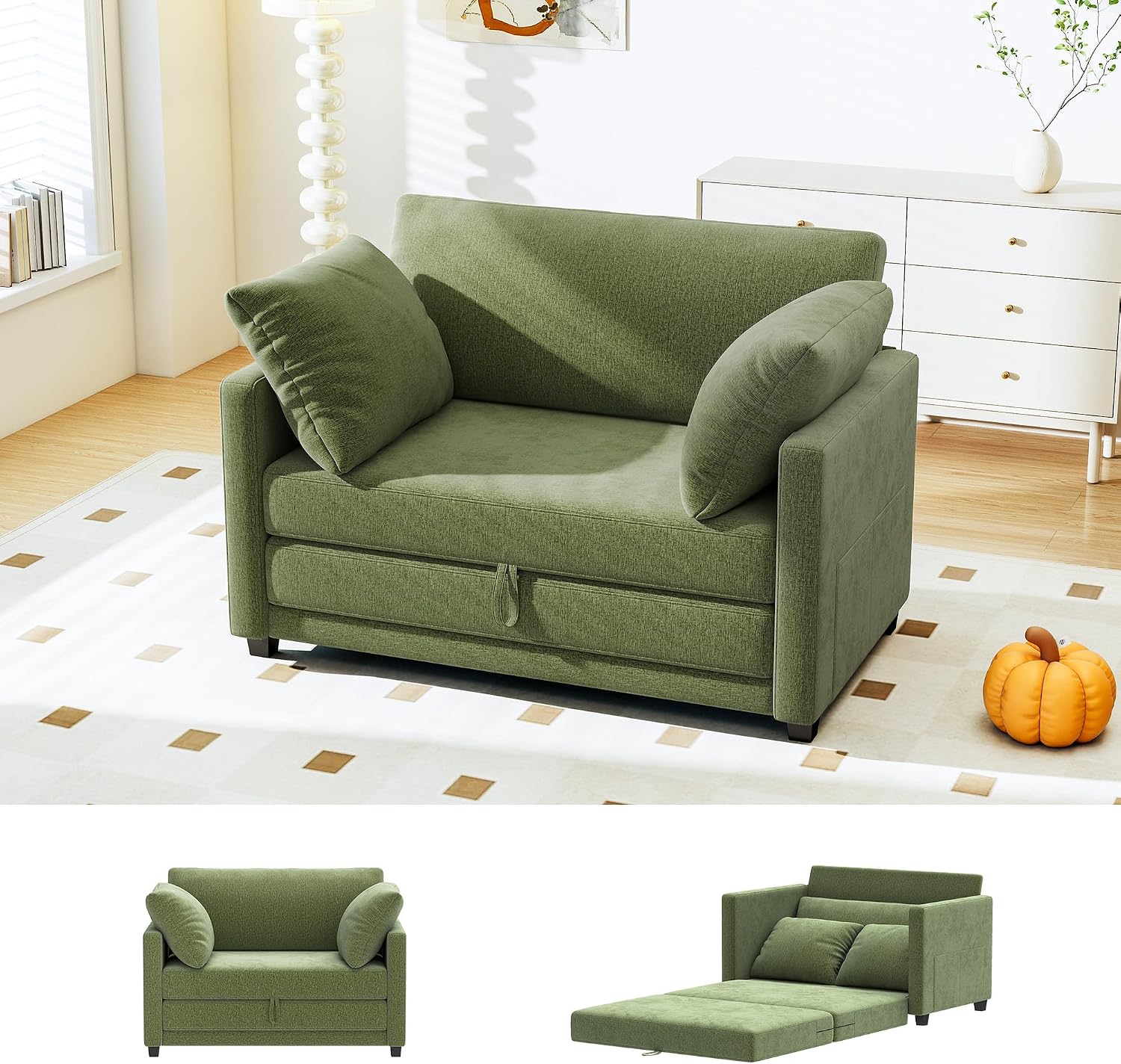 51' Convertible Loveseat Sofa Bed, 2 in1 Folding Sofa Bed, Loveseat Sleeper Sofa for Small Spaces, Fold Out Floor Couch with 2 Pillows for Apartment, Living Room & Guest Room, Green Chenille Fabric