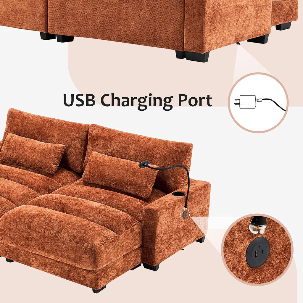 Yoglad Oversized Recliner Lounge Chair Set of 2 with USB Charging & Phone Holder - 400lb Heavy Duty Soft Chenille Reading Chair for Adults, Perfect for Small Spaces in Bedroom/Living Room, Orange