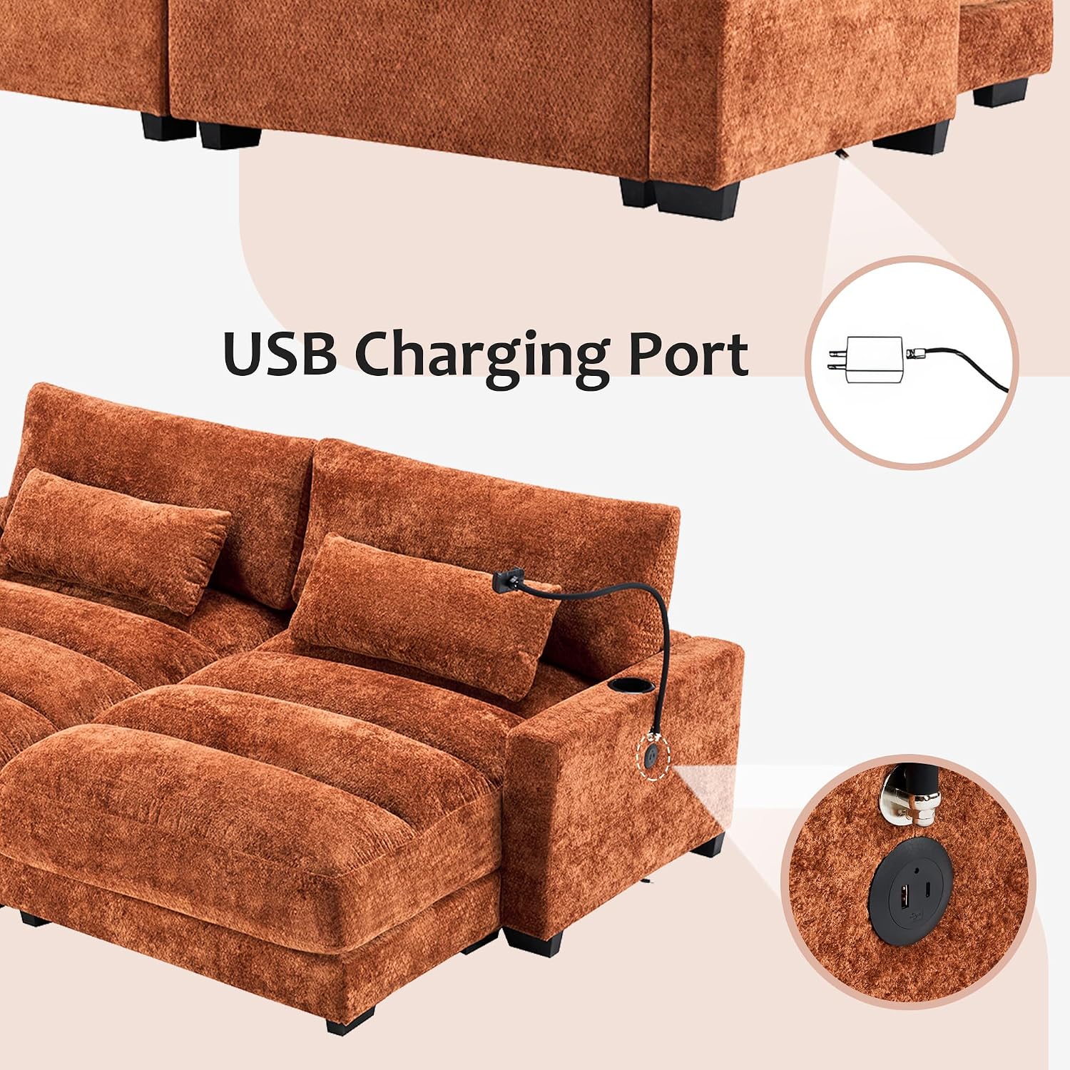 Yoglad Oversized Recliner Lounge Chair Set of 2 with USB Charging & Phone Holder - 400lb Heavy Duty Soft Chenille Reading Chair for Adults, Perfect for Small Spaces in Bedroom/Living Room, Orange