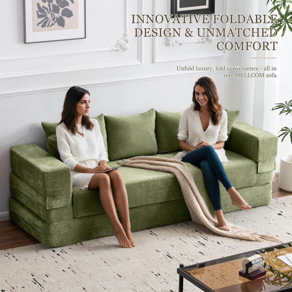 79' Convertible Folding Sofa Bed Queen, Sleeper Sofa Couch with Armrest and Pillows, Chenille Fold Out Floor Chaise Lounge, Comfy Foldable Futon Mattress For Living Room, Bedroom (Green 7.87')