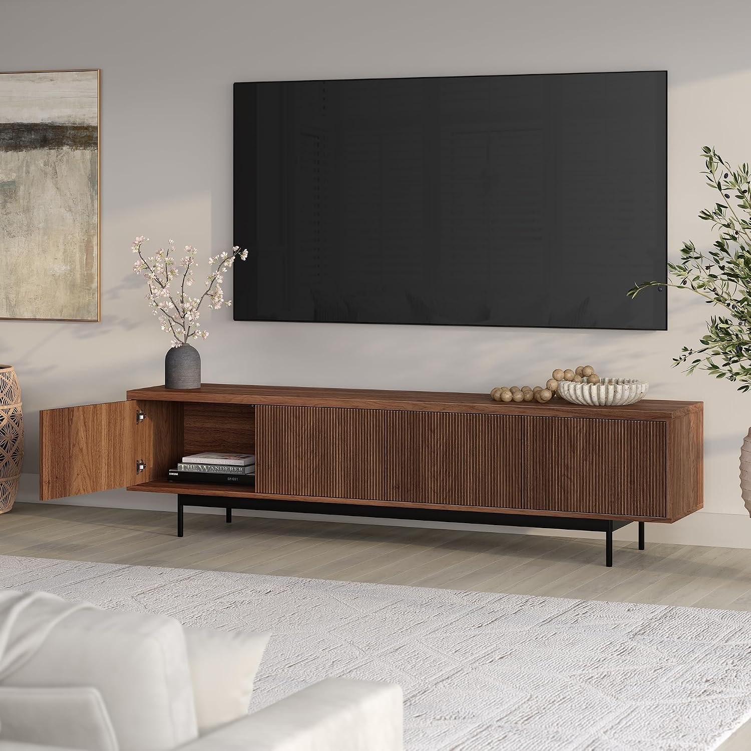 Henn&Hart Fluted TV Stand for TVs up to 85' with 2 Open-Concept Ribbed Storage Cabinets for Living Room, Family Room, or Office, Medium Walnut
