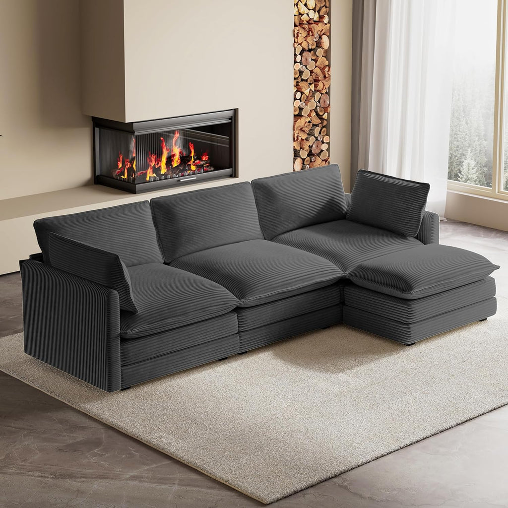 ROWHY 104'' Modular Sectional Cloud Couch with Movable Ottoman, 4 Seat Modern Corduroy Sofa, Deep Seat L Shaped Couch for Living Room Bedroom Apartment, Dark Grey