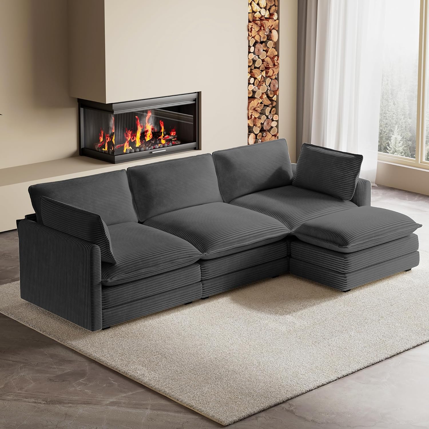ROWHY 104'' Modular Sectional Cloud Couch with Movable Ottoman, 4 Seat Modern Corduroy Sofa, Deep Seat L Shaped Couch for Living Room Bedroom Apartment, Dark Grey