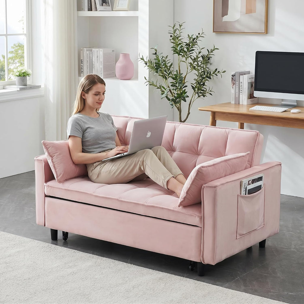 3 in 1 Convertible Sofa Bed, Loveseat Sleeper Sofa with Large Side Pockets, Pull Out Couch with Adjustable Backrest, Easy Assembly, Velvet Couch Bed for Small Spaces, Apartment, Pink