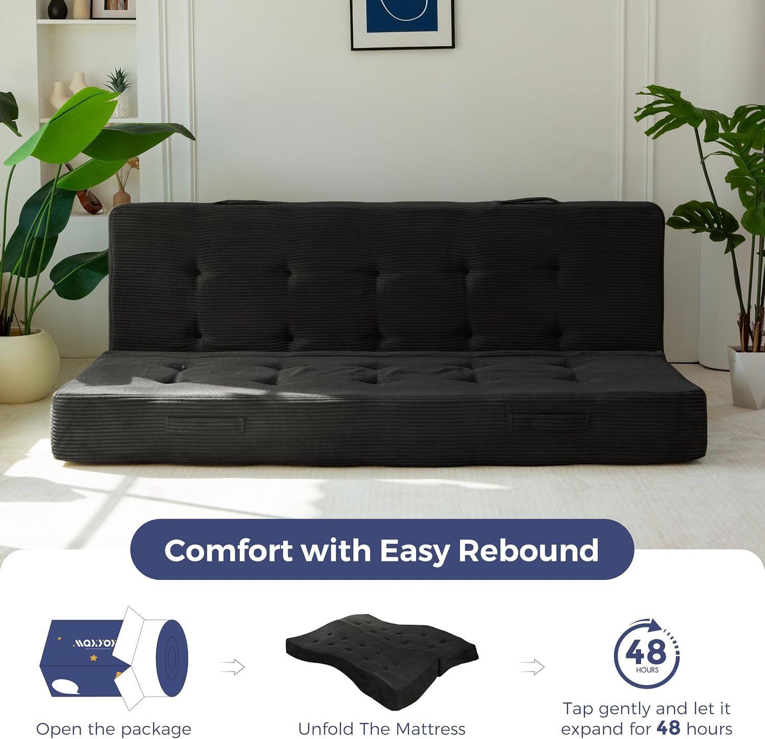 MAXYOYO 8' Foldable Floor Sofa Bed, Tufted Foldable Couch Bed Thick Folding Mattress with Handles, Versatile Folding Sofa Couch for Floor Sleeping, Living Room & Guest Room, Black