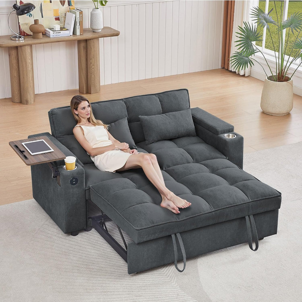 hansones 66' Multi-Functional Pull-Out Sofa Bed with Hidden Side Table, Storage Armrests, Built-in Charging Port, Spring Mattress, Solid Wood Frame – Ideal for Small Spaces, Easy Assembly