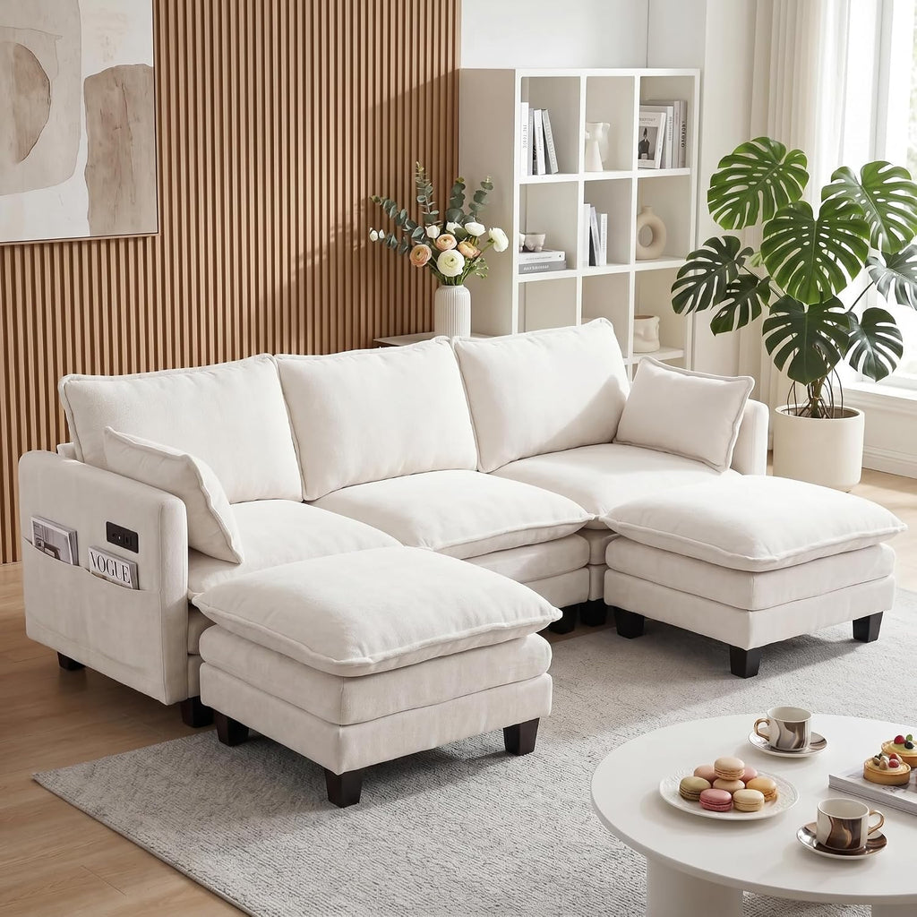 Eafurn Modular Sectional Sofa with Movable Ottomans for Living Room, 4 Seater Convertible U Shaped Sectional Couch Modern Reversible Chenille Sofa Set w/USB Ports and Side Pockets