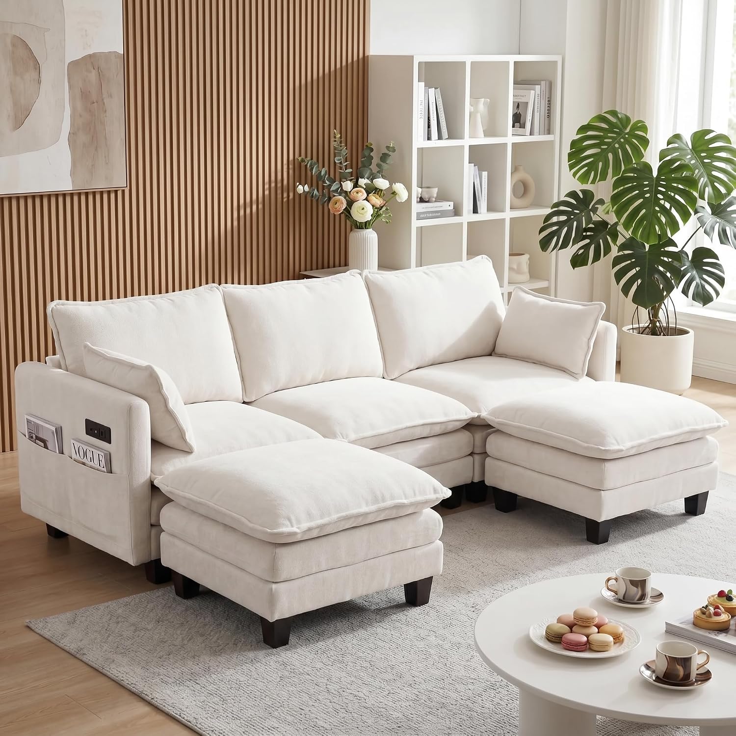 Eafurn Modular Sectional Sofa with Movable Ottomans for Living Room, 4 Seater Convertible U Shaped Sectional Couch Modern Reversible Chenille Sofa Set w/USB Ports and Side Pockets